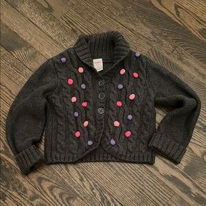 Gymboree Charcoal Knit Cardigan Sweater with Pink and Purple Pom Poms Size 3/4